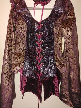 Baroque-Style Burgundy Gold Brocade Corset Top with Lace-Up Front